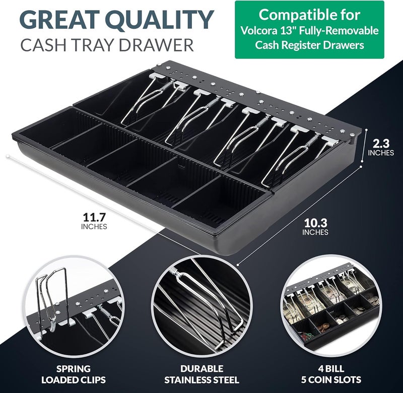 Volcora Cash Drawer Tray - 11.7 x 10.3 x 2.3 Inch Cash Register Insert - 4 Bill / 5 Coin Replacement Cash Tray 13" Fully-Removable Drawers - Stainless Steel Currency Compartment Money Storage - Image 2